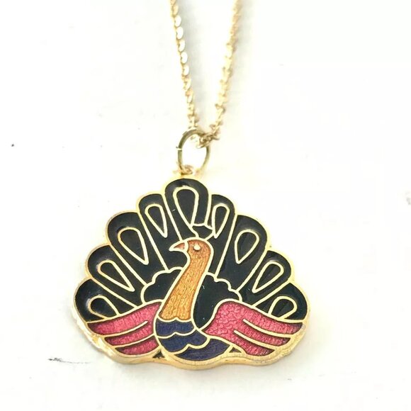 Vintage Cloisonné Peacock Pendant Necklace Enamel Gold Plated Purple Pink Black - Picture 4 of 11